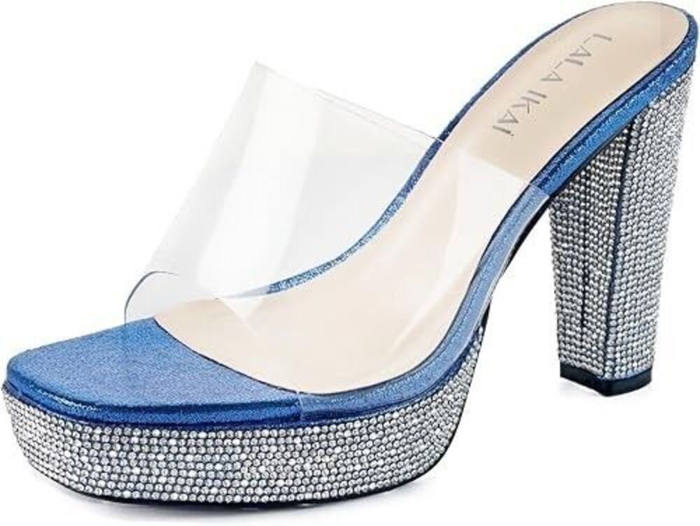 LALA IKAI Clear & Blue 4.33 In Rhinestone Platform Chunky Heels Sandals - 39 (9)